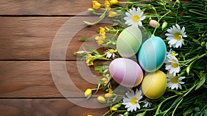 Festive wooden background with Easter eggs, flowers, ample copy space