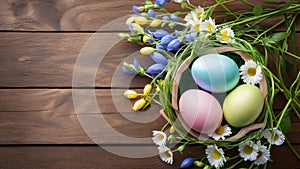 Festive wooden background with Easter eggs, flowers, ample copy space