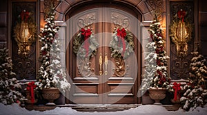 Festive wooden doors adorned with Christmas wreaths