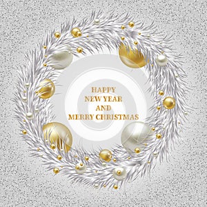 A festive wreath of Christmas pine twigs. Silver and gold balls. Vector realistic illustration on white background. Decoration for