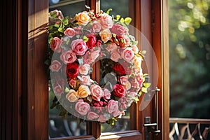 Festive Wreath & Garland on Distressed Wooden Door - Vibrant Flowers, Ivy Leaves, and Christmas Or