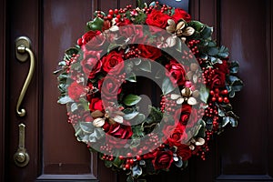 Festive Wreath & Garland on Distressed Wooden Door - Vibrant Flowers, Ivy Leaves, and Christmas Or