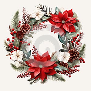 Festive wreath with red flowers berries and cones isolated on white background. Christmas decorations