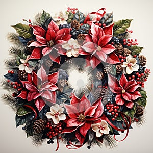 Festive wreath with red flowers berries and cones isolated on white background. Christmas decorations