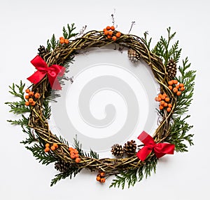 Festive wreath of vines with decorative bows, thuja branches, rowanberries and cones. Flat lay, top view