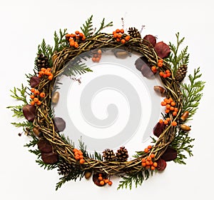 Festive wreath of vines with dry leaves, thuja branches, rowanberries and cones. Flat lay, top view