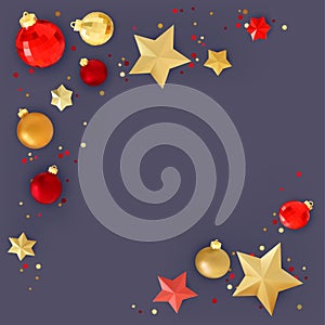 Festive xmas background with 3D realistic golden and red bauble balls and metal christmas stars.