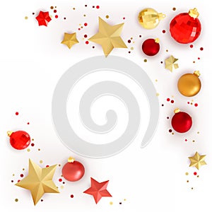 Festive xmas background with 3D realistic golden and red bauble balls and metal christmas stars.