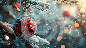 Festive Xmas Ball on Fir Tree - AI-Generated Christmas Wallpaper Background