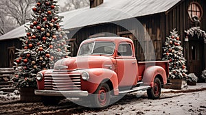 Festively Decorated Barn Shop with a Vintage Pick-up Truck Parked Outside Generative AI