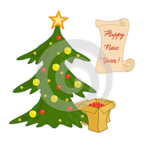 Festively decorated Christmas tree and boxes with gifts. Christmas tinsel.
