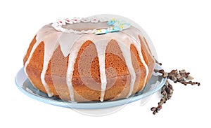Festively decorated Easter cake and pussy willow branches on white background
