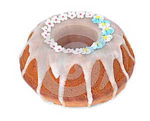Festively decorated Easter cake on white background