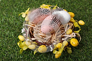 Festively decorated Easter eggs on green grass, closeup