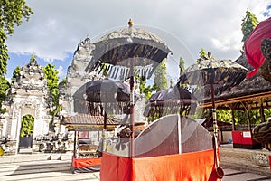 Festively decorated Hindu temple Pura Ped, in Nusa Penida-Bali, Indon