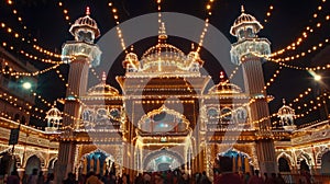 festively decorated Indian temple with glowing garlands at night, festive atmosphere of Baisakhi, banner