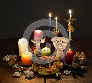 Festively decorated table candles and illumination