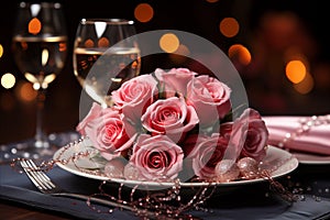 Festively decorated table with decorative bouquet of pink roses in plate, wine glasses in background