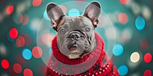 Festively Dressed, Adorable French Bulldog Brings Holiday Cheer Ugly Sweater Day, Copy Space