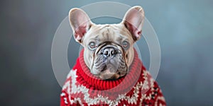 Festively Dressed French Bulldog Brings Holiday Cheer On Ugly Sweater Day With Copy Space