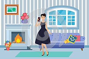 Festively dressed woman holding mobile phone standing home in flat vector illustration. Modern decorated clean