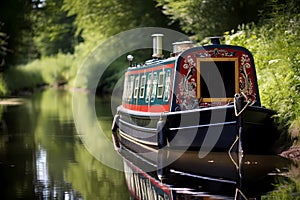 festively painted narrowboat moored in canal