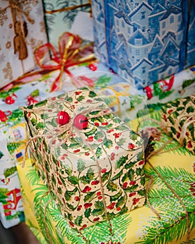 Festively wrapped Christmas presents. Close-up