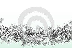 Festivev background template with seamless pattern realistic botanical ink sketch of fir tree branches with pine cone in