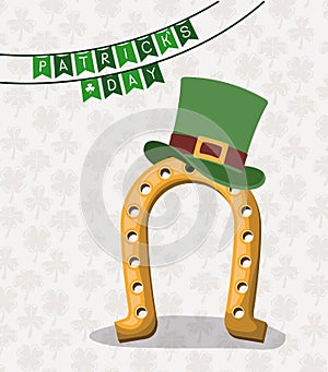 Festoons patricks day of horseshoe with top hat over clovers pattern background colorful silhouette