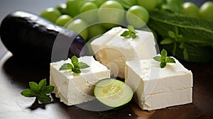 Feta cheese: a crumbly treasure in snowy white. Its briny notes dance with a creamy essence photo