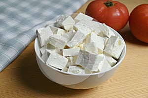 feta cheese cubes in bowl