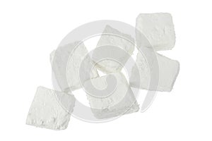 Feta cheese isolated on white background. With clipping path and full depth of field. Top view. Flat lay