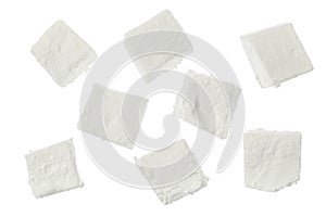 Feta cheese isolated on white background. With clipping path and full depth of field. Top view. Flat lay