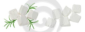 Feta cheese isolated on white background. With full depth of field. Top view. Flat lay