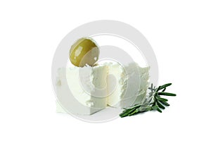 Feta cheese, olive and rosemary isolated on white background