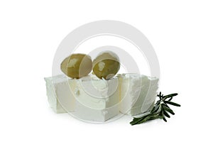 Feta cheese, olives and rosemary isolated on white background