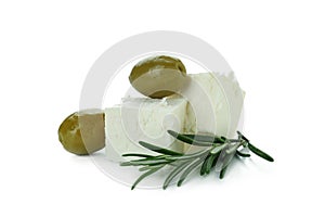 Feta cheese, olives and rosemary isolated on white background