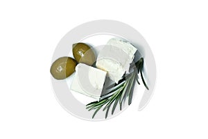 Feta cheese, olives and rosemary isolated on white background