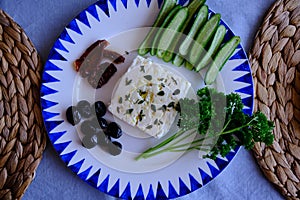 Feta Cheese with olives, sun dried tomatoes and cucumber