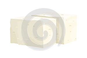 Feta cheese piece in cartoon style detailed ingredient isolated on white background. Greek curd white cheese made from