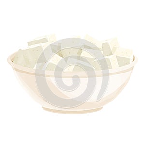 Feta cheese pieces in bowl in cartoon style detailed ingredient isolated on white background. Greek curd white cheese