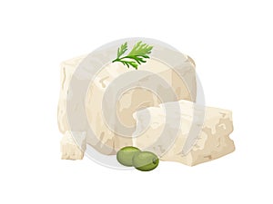 Feta soft cheese. Cartoon greek brined curd white peace made from sheeps milk. Delicious food of soy milk. Vegetarian