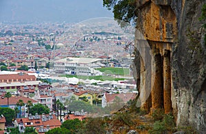 FETHIYE, TURKEY - June, 2019: Ancient Lycian Rock tombs in Fethiye, Turkey
