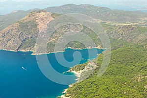 Fethiye, Turkey - Panoramic view Belcekiz Beach. Oludeniz, Blue Lagoon Fethiye from air or drone. Mediterranean coast