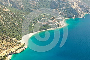 Fethiye, Turkey - Panoramic view Belcekiz Beach. Oludeniz, Blue Lagoon Fethiye from air or drone. Mediterranean coast