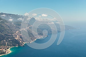 Fethiye, Turkey - Panoramic view Belcekiz Beach. Oludeniz, Blue Lagoon Fethiye from air or drone. Mediterranean coast