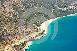 Fethiye, Turkey - Panoramic view Belcekiz Beach. Oludeniz, Blue Lagoon Fethiye from air or drone. Mediterranean coast