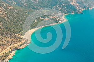 Fethiye, Turkey - Panoramic view Belcekiz Beach. Oludeniz, Blue Lagoon Fethiye from air or drone. Mediterranean coast