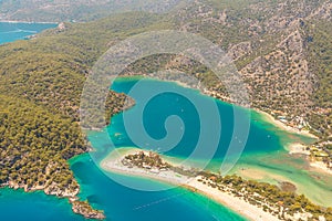 Fethiye, Turkey - Panoramic view Belcekiz Beach. Oludeniz, Blue Lagoon Fethiye from air or drone. Mediterranean coast