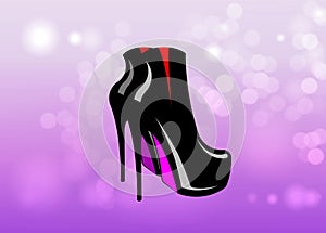 Fetish red and black shoes vector on pink blurred background. 3D woman boots on high heels